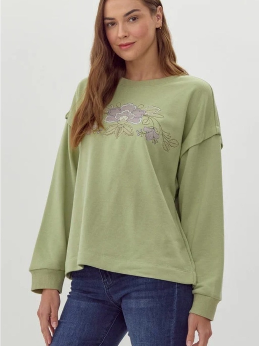JODIFL Avocado Green Floral Embroidered Sweatshirt NWT